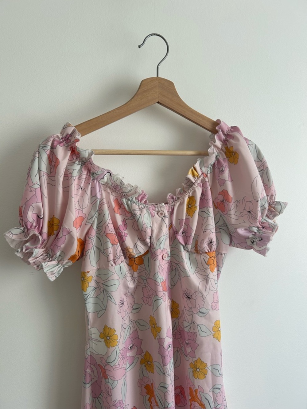 SHEIN Pink Floral Midi Dress with Puff Sleeves